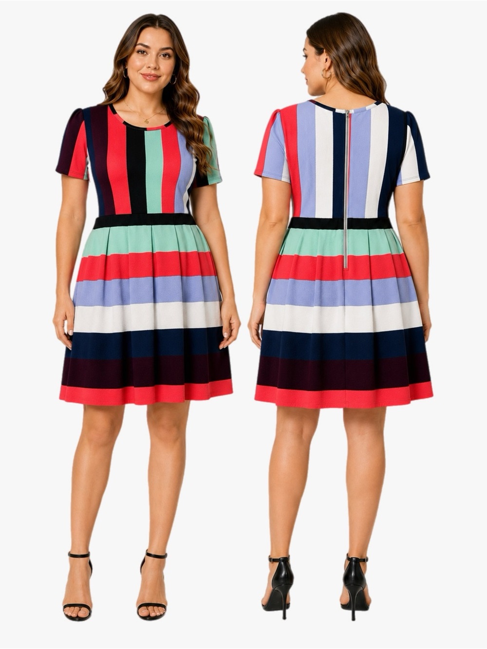 LuLaRoe Amelia Dress Size Medium Colorblock Striped Fit & Flare Zipper  Dress